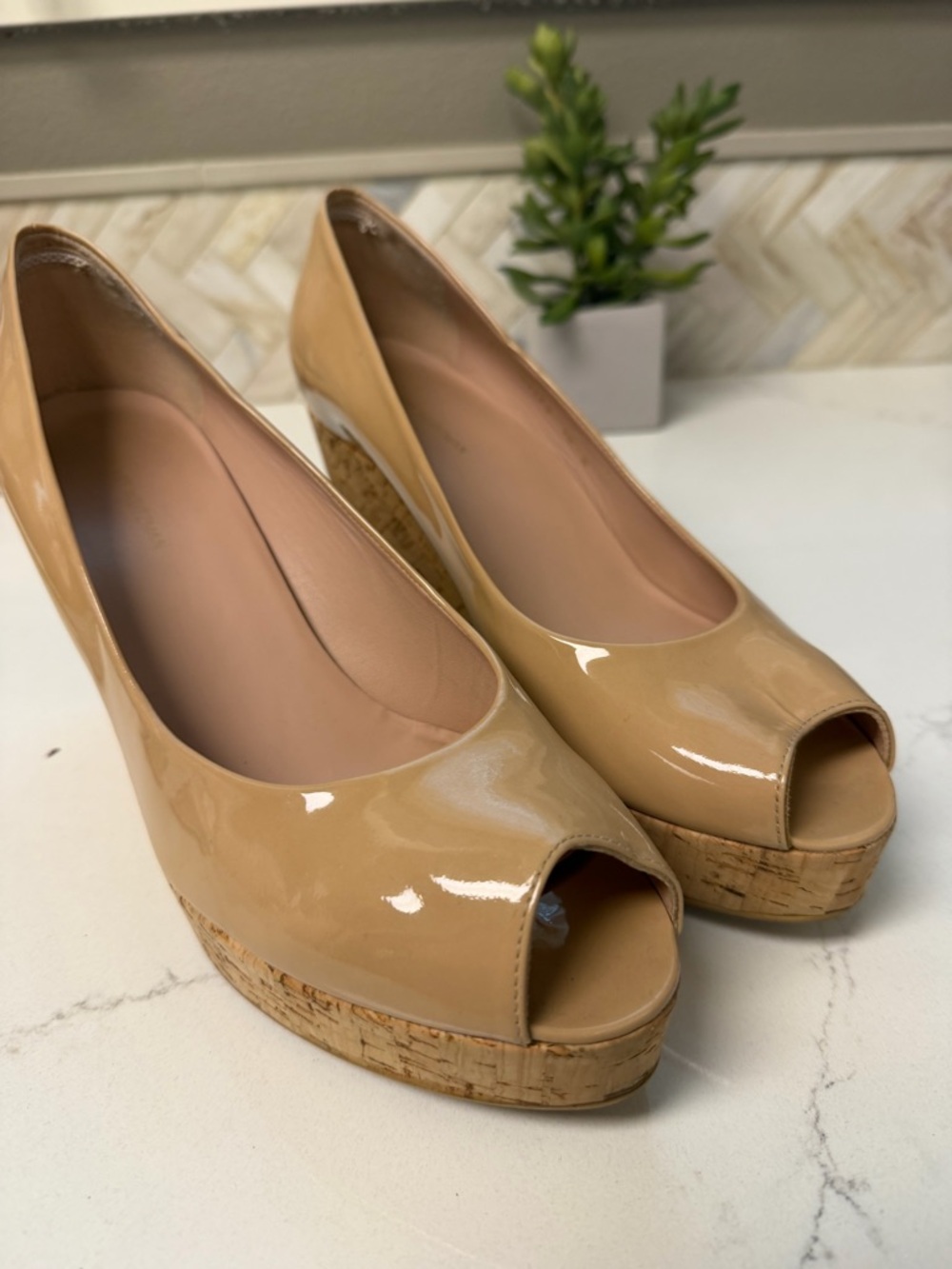 Stuart Weitzman Nude Patent Cork Wedge Pumps